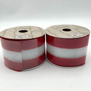 Nicole Simply Winter Polyester Wired Edge Red Wh Mesh Insert 2.5" Ribbon NIP x2